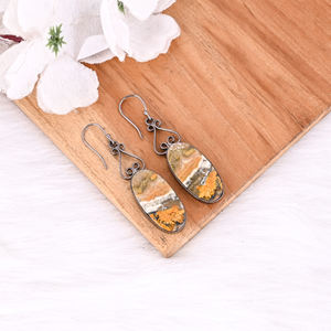 Boucle d'oreille pendante en jaspe abeille, rhodié noir, faite à la main, cabochon poli, pour femme, pour usage quotidien - Product Image 3