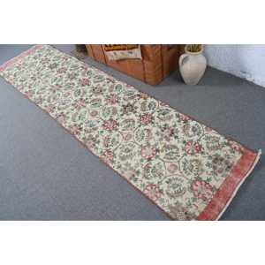 Turkish 2.5x9.8 ft Rug, Vintage <b>Runner</b> Rug, <b>Red</b> Floral Rug - Product Image 4