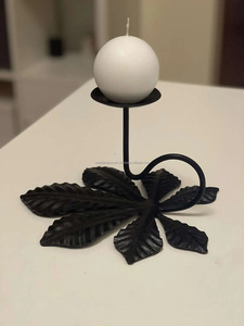Unique Chestnut Leaf-Shaped Wrought Iron Candleholder Stylish Iron ART Design <b>Black</b> Base for Home Decor Metal Candle Jar Display - Product Image 2