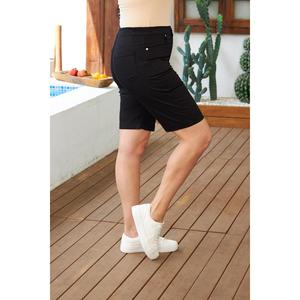 กางเกงขาสั้นผ้าฝ้ายสีดำเอวยางยืดขนาดพลัสไซส์ - Product Image 2