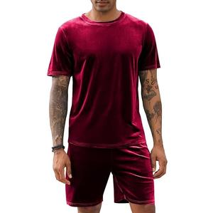 Último diseño, camiseta de terciopelo de Color granate y conjunto corto de 2 uds, transpirable, cuello redondo, entrenamiento de verano, deportes, conjunto corto de terciopelo para hombre - Product Image 1