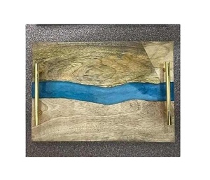Plateau de service en bois et résine époxy avec poignées en métal avec logo pour la maison Restaurants hôtel cuisine utiliser plateau en gros - Product Image 1