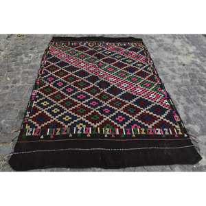 พรมตุรกีโบราณสีดำแบบดั้งเดิมขนาด5.3X7ฟุตขนสัตว์เย็บปะติดปะต่อกันออกแบบสำหรับห้องนั่งเล่นวัยรุ่นสี่เหลี่ยมผืนผ้าห้องโถงน้ำยาง - Product Image 1