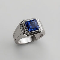 Bague de fiançailles, de mariage et d'anniversaire pour homme en saphir bleu platine, plaquée rhodium, or 14 carats, design moderne, luxueux et tendance, bijoux fins