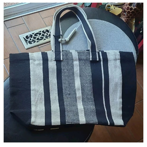 Wholesale Navy Stripe Artisan Woven Tote <b>Bag</b> With Wide And Thin Stripe Pattern Handloom Fabric Navy And Cream Daily Carry <b>Bag</b> - Product Image 1