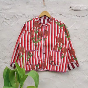 เสื้อแจ็คเก็ตผ้าฝ้ายพิมพ์ลายสไตล์โบฮีเมียนสำหรับผู้หญิง ตกแต่งด้วยลายทางแบบคิโมโน ติดกระดุมด้านหน้า ทำมือสไตล์วินเทจ เหมาะสำหรับฤดูหนาว - Product Image 1