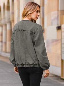 Veste en jean décontractée à manches longues et à rabats, couleur unie, en coton tissé, avec boutons métalliques personnalisés, pour femmes - Product Image 3