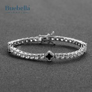 Men's 9mm Moissanite Tennis <b>Bracelet</b> with 925 Sterling Silver & 14k <b>White</b> <b>Gold</b> Plating Iced Out Four Leaf Black Clover Design - Product Image 1