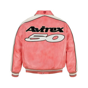 High Quality Men's Pink <b>Leather</b> Avirex <b>Jacket</b> Stand Front Canvas Classic American Style Flight Bomber Warm <b>Winter</b> Streetwear - Product Image 2