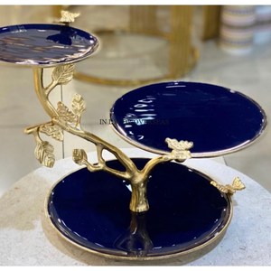 Couleur bleue et feuilles plaquées or Designer support de gâteau en métal de haute qualité à 3 niveaux pour les fêtes de mariage et d'anniversaire - Product Image 1