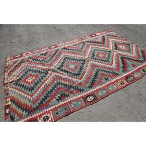 Tapis Vintage Kilim Rouge Vert Turc 5.5X9.4 pieds Grande Surface en Laine pour Entrée Couloir Rectangle Espace Patchwork Motif Latex - Product Image 2