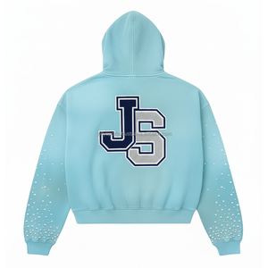 Premium 360 GSM algodón polar cremallera Sudadera con capucha azul cielo con embellecedor de diamantes de imitación y parche de chenilla logotipo personalizado Basics Hoodie - Product Image 2