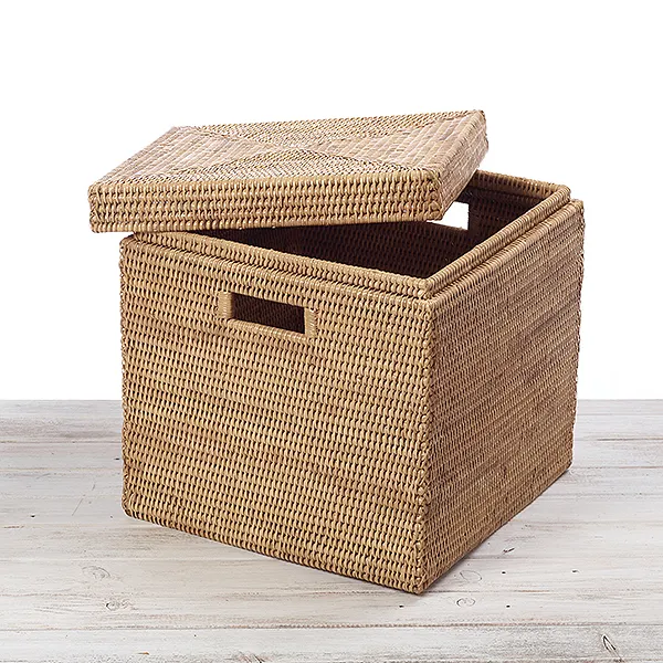 Rectangular lidded basket natural rattan boxes eco friendly storage box for toy lego game kids room decor