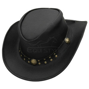 Sombrero de Vaquero de Cuero Negro con Ala Ancha Curvada, con Conchos Dorados y Tachuelas de Níquel, Proveedor OEM de Fábrica, Sombreros Vaqueros al por Mayor - Product Image 5