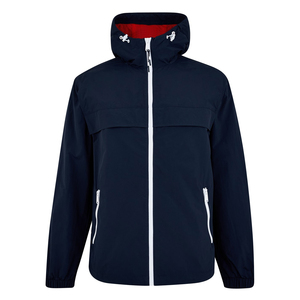 Veste coupe-vent légère imperméable à capuche pour homme avec logo personnalisé, idéale pour les sports de plein air, décontractée, coupe ajustée, bleu marine, vente en gros - Product Image 1