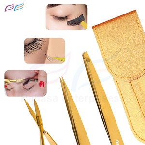 Ensemble de pinces à épiler professionnelles en or inclinées avec ciseaux à ressort pour l'épilation, utilisation beauté avec pochette en PU - Product Image 4