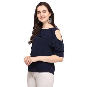 เสื้อแฟชั่นผู้หญิง Shoryam สีน้ำเงิน แบบเปิดไหล่ แต่งระบาย สไตล์ทางการแบบตะวันตก เสื้อยืดดีไซน์เนอร์ผ้าเครป แห้งเร็ว - Product Image 2