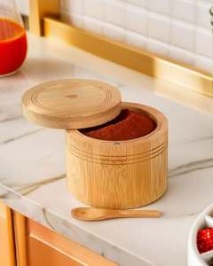 Acacia <b>Wood</b> Eco-friendly Handmade Salt <b>Box</b> <b>with</b> Swivel Magnetic <b>Lid</b> Round Condiment Keeper by Global Exports - Product Image 5