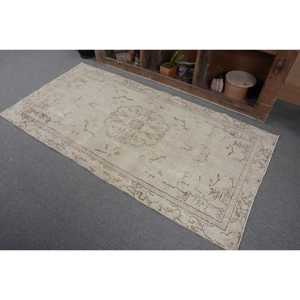 Tapis en laine turque vintage de 3.5x6,7 pieds, tissage plat design patchwork beige et marron avec support en latex pour décorations de salon - Product Image 3