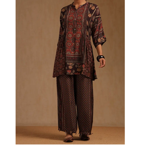 Vêtements indiens et pakistanais robe coupe ample marron et rouge imprimé femmes Kurta Palazzo ensemble femmes tenue ethnique - Product Image 1