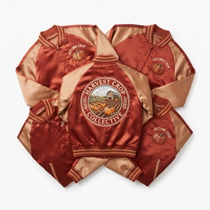 Wholesale Satin Bomber Jacket Royal Blue Yellow Cicada Insect Embroidered Varsity <b>Coat</b> Front Zip Outerwear Direct Factory - Product Image 5