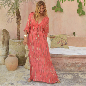 Vestido largo bohemio con tinte de corbata para mujer 100% rayón tejido ecológico largo verano suelto media manga Color rojo desgastado Suelto - Product Image 4