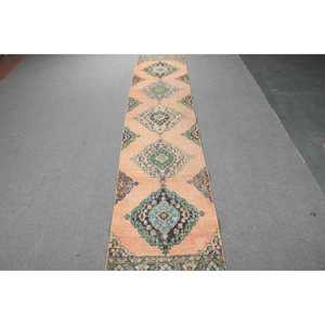 2.8x12.7 ft Turkish Rug, Vintage <b>Runner</b> Rug, Orange <b>Green</b> Persian Wool Rug - Product Image 1