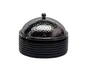 Plato de frotamiento negro contemporáneo con tapa con perilla de olla de acero y soporte para candelita Diseño recubierto de polvo para servir en buffet - Product Image 5
