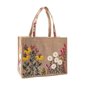 Sac fourre-tout en jute brodé de fleurs pour femmes - Product Image 1