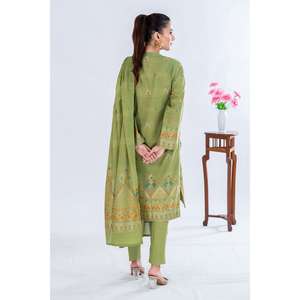 ชุดสูทผ้าแจ็คการ์ดสีเขียวสำหรับผู้หญิง ผ้าฝ้าย 100% ปักมือ 3 ชิ้น แบบยังไม่เย็บติดกัน - Product Image 6