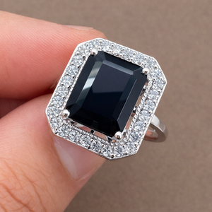 Rhaya Jewels Model 550 <b>Emerald</b> Cut Amethyst Cocktail <b>Ring</b> 925 Sterling <b>Silver</b> Rhodium Plated Pave Setting Women's Luxury - Product Image 2