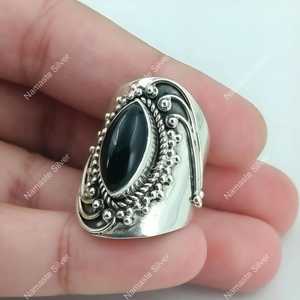 Handmade 925 Sterling Silver Boho <b>Ring</b> Black Onyx Marquise Inlay 18K Plating <b>Statement</b> Gift for Her Black Onyx Silver <b>Ring</b> - Product Image 3
