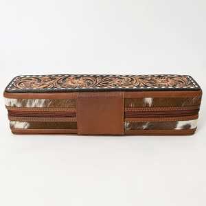 Bohemian Autumn Western Floral Tooled Leather Cow Fur Decorative <b>Storage</b> Case Genuine Cowhide Leather Brush Holder Makeup - Product Image 4