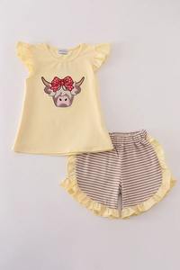 Highland Cow Applique Ruffle Shorts Set Cute Fun Farm Animal Design Tenue d'été ODM Groupe d'âge Enfants Deux pièces - Product Image 3