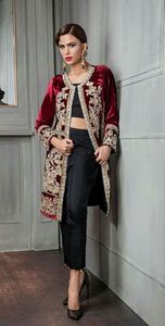 NEW--STYLISH EMBROIDERY ON LONG JACKET ON VELVET FABRIC WITH EMBELLISH OF CRYSTAL BEADS ,GLASS STONE WORK FOR PARTY-WEAR @ 2022 - Product Image 2