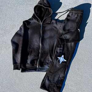 Trajes de sudor de alta calidad con Sudadera con capucha bordada desgastada Sun Faded y pantalón plano 100% algodón huye personalizado y al por mayor - Product Image 3