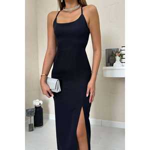 Robe fourreau noire en satin sans dos, confortable, à taille naturelle, vente en gros - Product Image 2