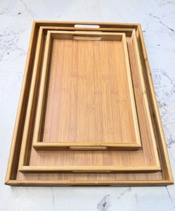 Juego de bandejas de bambú de 3 piezas, bandeja rectangular apilable con asas recortadas para uso en hoteles, restaurantes, cocinas y desayunos. - Product Image 1