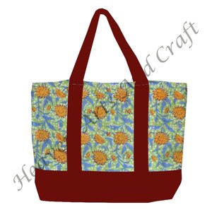 กระเป๋าโท้ทลายพิมพ์บล็อกสีเบอร์กันดี ผลิตในอินเดีย ลายดอกไม้หลากหลายแบบ ทนทาน มีสายสะพายสองข้าง ขายส่ง BHCB087 - Product Image 4