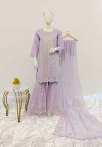 Parti formel indien pakistanais en mousseline de soie entièrement lourd brodé Anarkali Daman manches CutWork bordure 50 pouces Maxi Ghera dentelle - Product Image 3