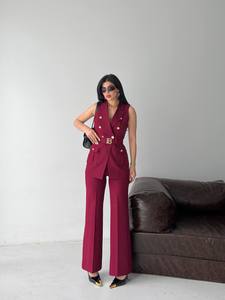 Summer Made Turkey 2-Piece Eco-Friendly Vintage <b>Pants</b> Set Elegant Sleeveless Blazer Vest Wholesale Custom Wide Leg Trousers - Product Image 3