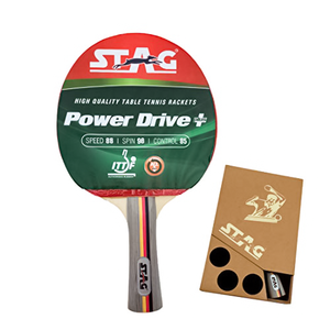Raquette de tennis de table professionnelle Stag Iconic Powerdrive+ en bois avec caoutchouc à picots longs, étui en bois - Product Image 1