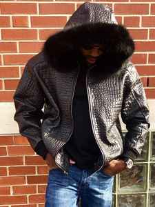 Veste en cuir fait à la main pour alligator texturé pour peau de crocodile en tissu de toile XS-4XL avec capuche amovible - Product Image 2