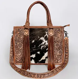 กระเป๋าถือหนังวัวแท้สลักมือเครื่องมือหนังวัวพร้อมกระเป๋าถือขนาดใหญ่มีพู่ - Product Image 1
