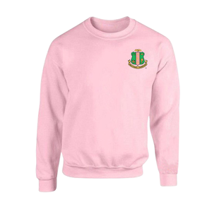Crest Crewneck <b>Sweatshirt</b> Light <b>Pink</b> Green Embroidered Pullover Custom Greek Sorority Apparel - Product Image 1