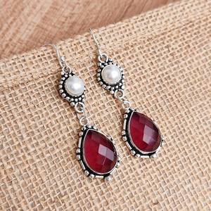 Ruby & <b>Pearl</b> Dangle <b>Earrings</b> <b>Silver</b> Plated Boho Jewelry Handmade Multi Stone <b>Earrings</b> Gift for Her Elegant Drop <b>Earrings</b> for - Product Image 1