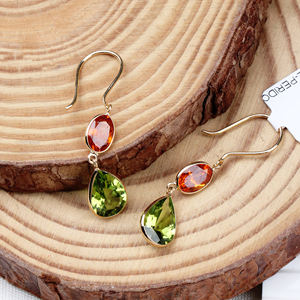 Peridoto de pera Natural y Spessartite Gemstone 18K Oro amarillo sólido Hecho a mano Mujeres Pendientes colgantes de gota Joyería para venta al por mayor - Product Image 1
