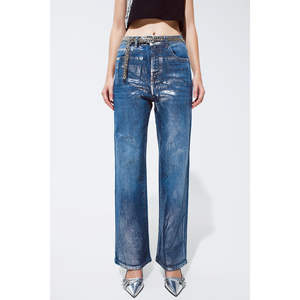 Jeans de Cintura Alta y Pierna Recta con Acabado Metálico Plateado, Transpirables, Estilo Urbano, con Técnica de Pedrería, Holgados, Talla XL, Estampado Invernal - Product Image 5