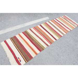 Alfombra de yute Kilim turco Vintage de 27X10,3 pies en beige, marrón, diseño de retazos rectangulares con respaldo de látex, para decoración de pasillo o habitación - Product Image 2
