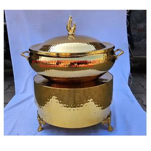 Calentador de comida redondo de plato de frotamiento de acero inoxidable pulido dorado clásico con soporte y tapa para eventos de Hotel y restaurante - Product Image 1